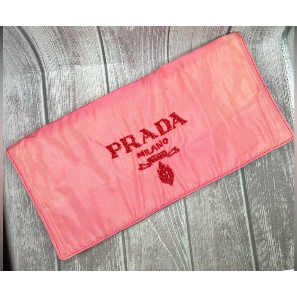 PRADA Tessuto Pietre Vintage Oversized Clutch Bag Pink w/ Beaded Logo VTG RARE
